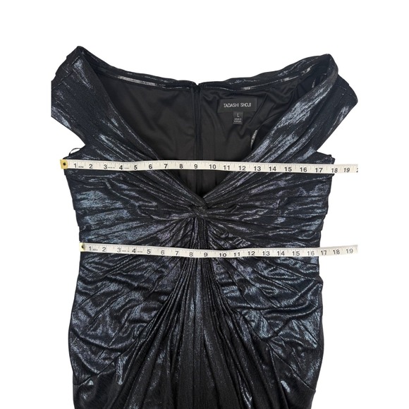 Tadashi Shoji Black Off The Shoulder Ruched Metallic Dress L Gown Gala New - Picture 6 of 8